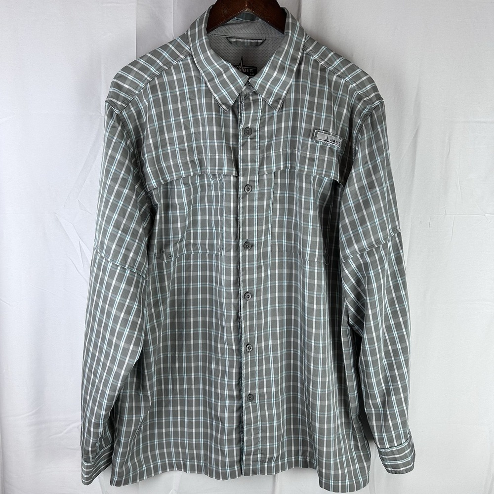 Habit Fishing Gear Large Gray Blue Plaid Button Up Long Sleeve Roll Tab‎ Camping